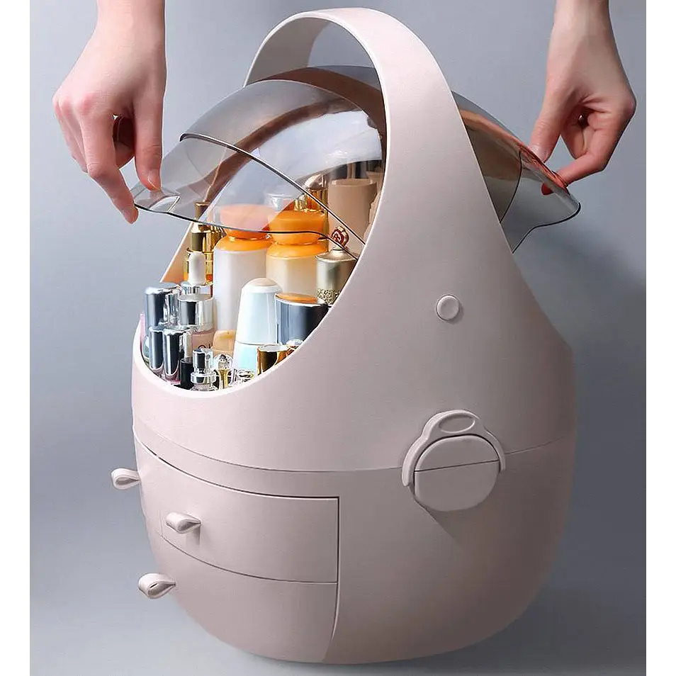 A sleek blush-pink plastic makeup organizer with waterproof dust proof transparent dome lid and two drawers