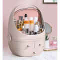 Beige plastic makeup organizer with handle and two drawers featuring a waterproof dust proof transparent dome lid