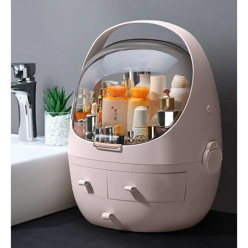 Pastel pink egg-shaped makeup organizer with waterproof dust proof transparent dome lid and two front drawers