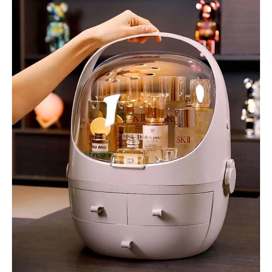 Gray plastic makeup organizer with waterproof dust proof transparent dome lid and two front drawers for cosmetics storage