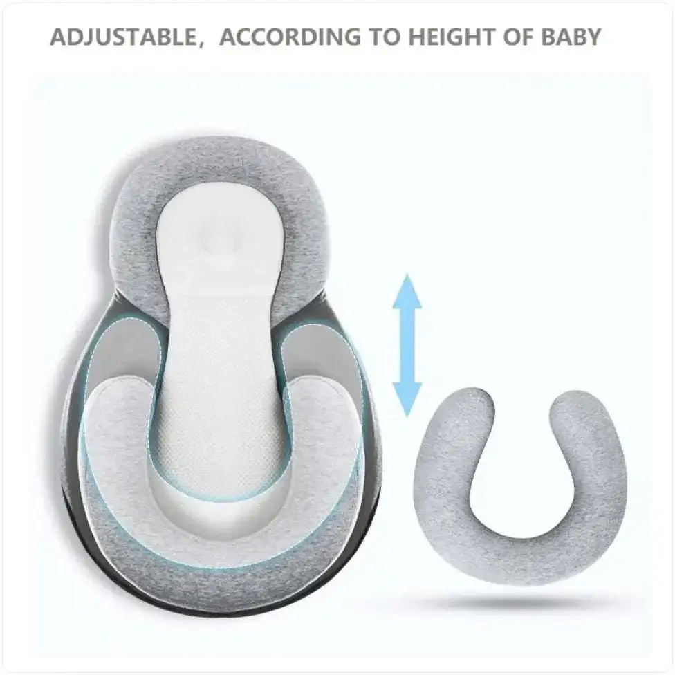 Adjustable gray and white memory foam baby anti-spit up pillow with pure cotton fabric and layered cushioning for height customization