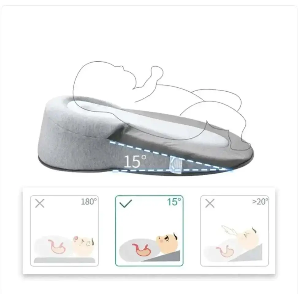 Gray memory foam baby anti-spit up pillow with pure cotton fabric and 15-degree incline sleep wedge design