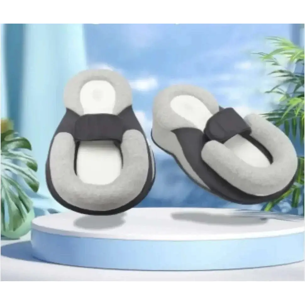 Gray and black cushioned slip-on sandals with soft plush interior suitable for memory foam baby anti-spit use