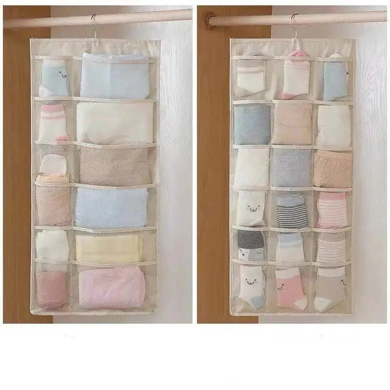 Beige fabric hanging storage bag with gray mesh bra multiple compartments holding folded socks and small items