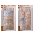 Beige mesh hanging storage bag with multiple compartments featuring transparent pockets for gray mesh bra storage