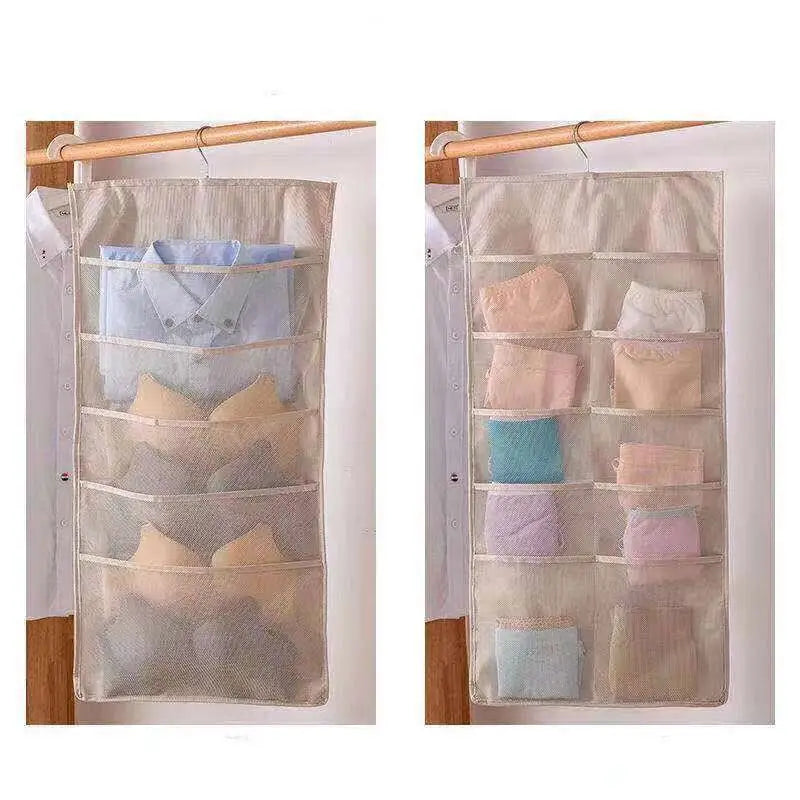 Beige mesh hanging storage bag with multiple compartments featuring transparent pockets for gray mesh bra storage
