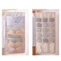 Beige mesh hanging storage bag with multiple transparent compartments for organizing clothing and accessories