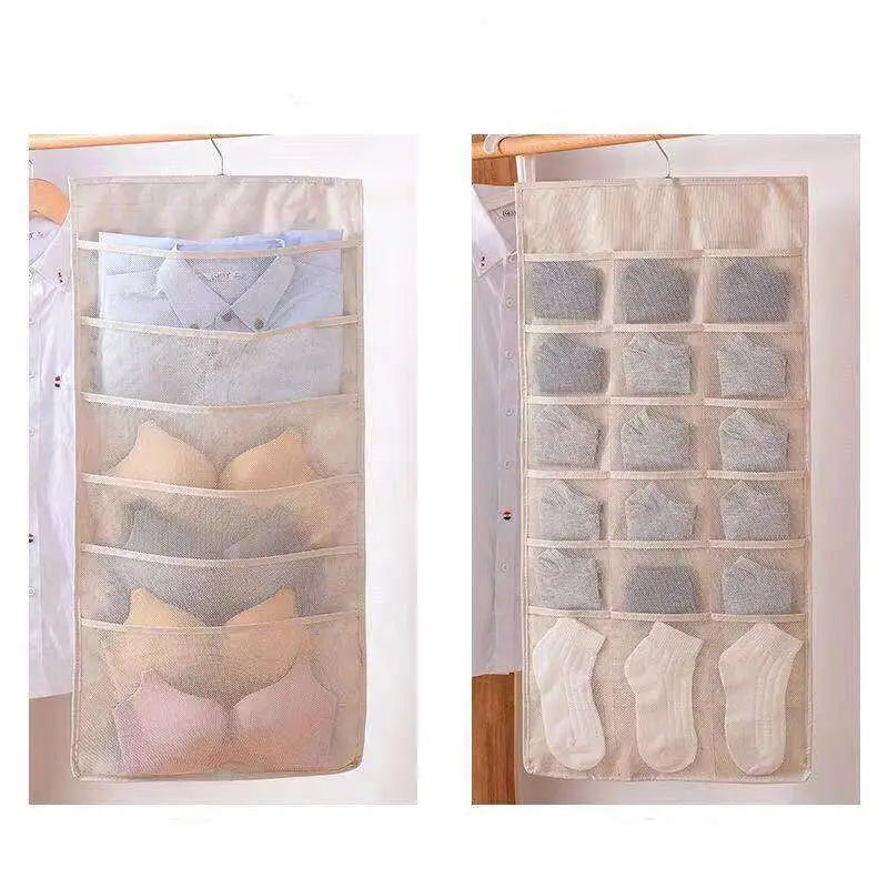 Beige mesh hanging storage bag with multiple transparent compartments for organizing clothing and accessories