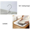 Silver metal 360-degree rotating hanger attached to a gray mesh bra hanging storage bag with multiple compartments