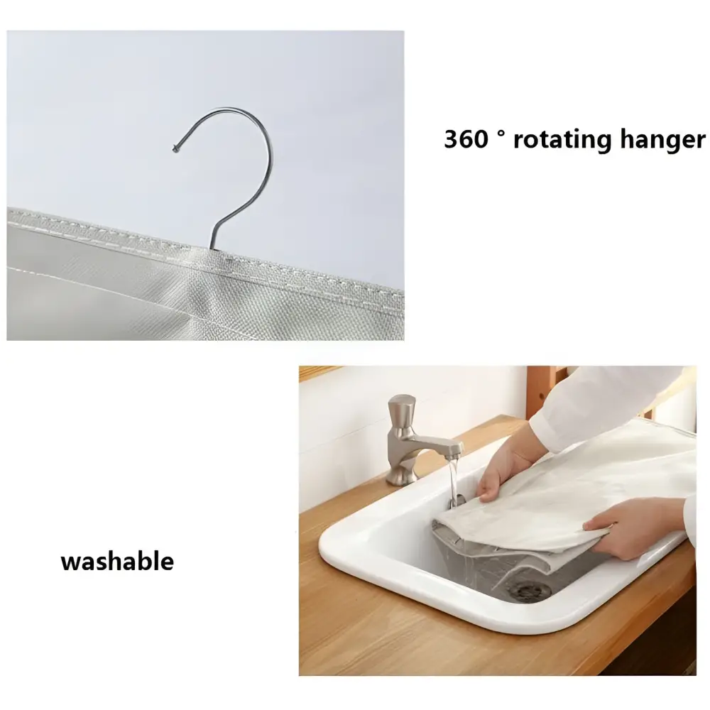 Silver metal 360-degree rotating hanger attached to a gray mesh bra hanging storage bag with multiple compartments