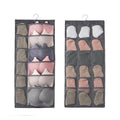 Black fabric hanging storage bag with multiple compartments for bras and socks in gray mesh bra design