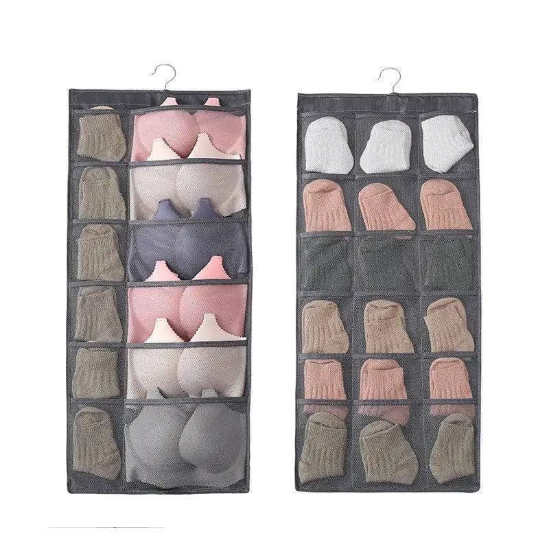 Black fabric hanging storage bag with multiple compartments for bras and socks in gray mesh bra design