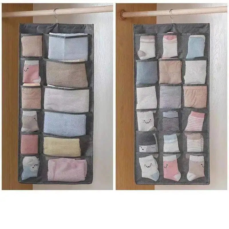 Gray mesh bra hanging storage bag with multiple compartments holding pastel socks in gray fabric organizer