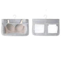 Gray mesh bra hanging storage bag with multiple compartments including a central section and two side pockets