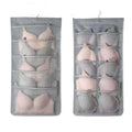 Gray mesh bra hanging storage bag with multiple compartments for organized lingerie storage