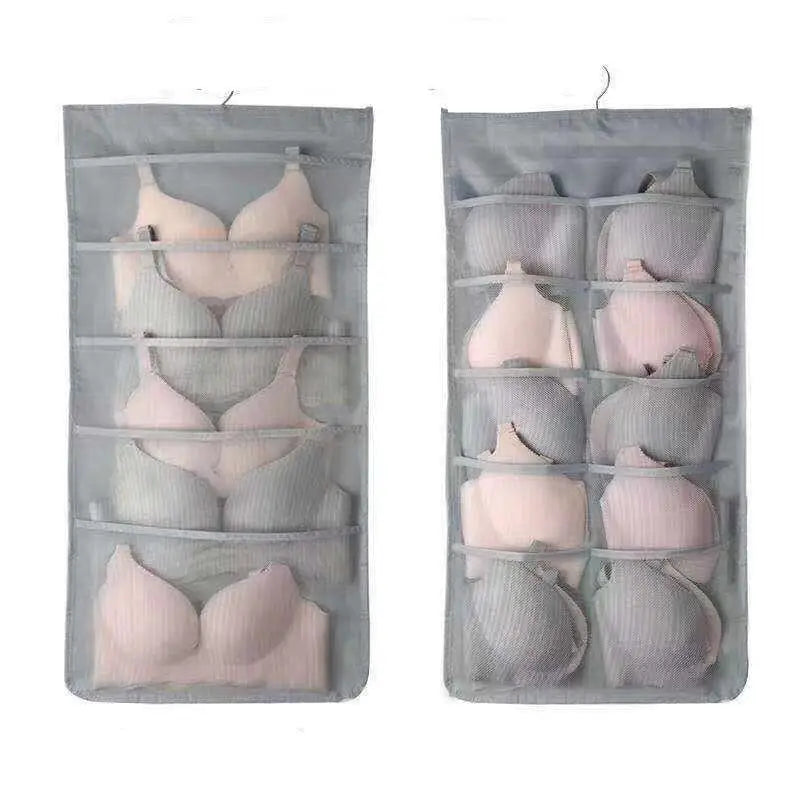 Gray mesh bra hanging storage bag with multiple compartments for organized lingerie storage