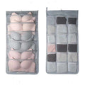 Gray mesh bra hanging storage bag with multiple compartments for organizing bras and underwear