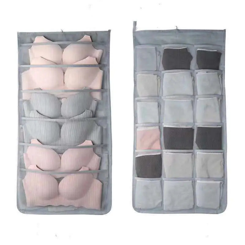 Gray mesh bra hanging storage bag with multiple compartments for organizing bras and underwear