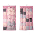 Pink fabric hanging storage bag with multiple compartments for organizing bras and underwear in gray mesh bra style