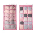 Pink fabric hanging storage bag with multiple mesh compartments for bras and underwear, gray mesh bra organizer