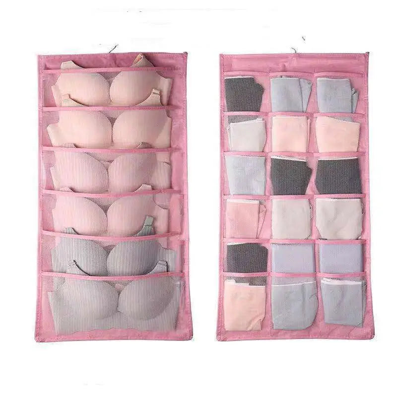 Pink fabric hanging storage bag with multiple mesh compartments for bras and underwear, gray mesh bra organizer