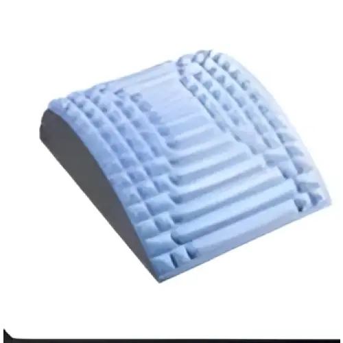 Light blue quilted memory foam lumbar support cushion for gray neck and back stretcher to alleviate discomfort