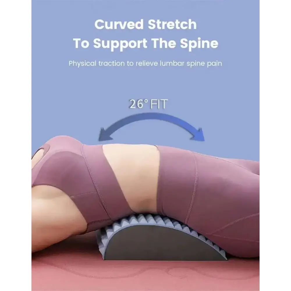 Gray neck and back stretcher with textured curved spine support wedge to alleviate discomfort and relieve tension