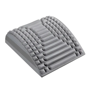 Gray neck and back stretcher cushion with textured raised pyramid and rectangular bumps to alleviate discomfort and relieve tension