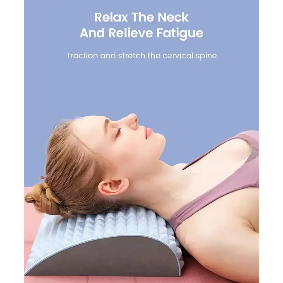 Gray neck and back stretcher cushion with textured raised pyramid and rectangular bumps to alleviate discomfort and relieve tension