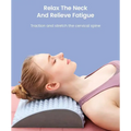 Light blue and gray curved cervical spine traction pillow with ribbed texture to alleviate discomfort and relieve tension