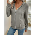 Gray ribbed knit solid color hooded zipper hoodie featuring a front zipper and attached hood for casual wear