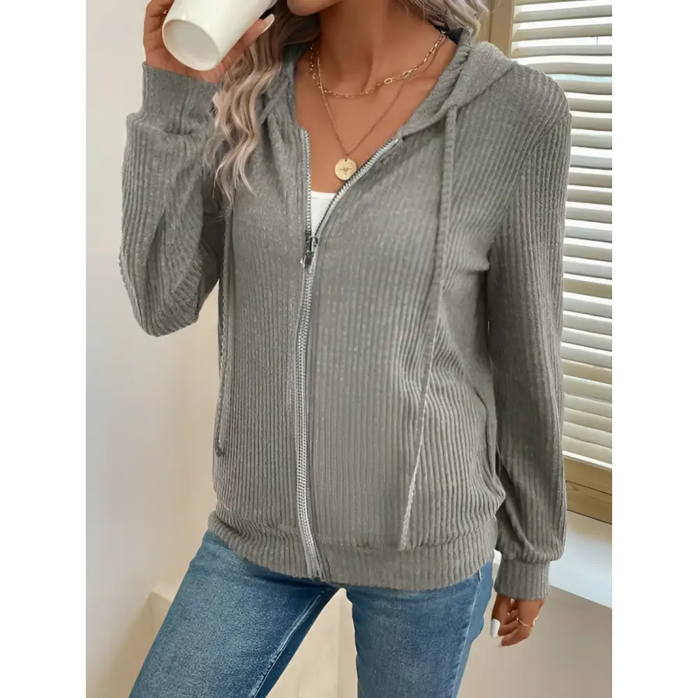 Gray ribbed knit solid color hooded zipper hoodie featuring a front zipper and attached hood for casual wear
