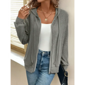 Gray ribbed knit solid color hooded zipper hoodie made of soft knit fabric for comfortable casual wear