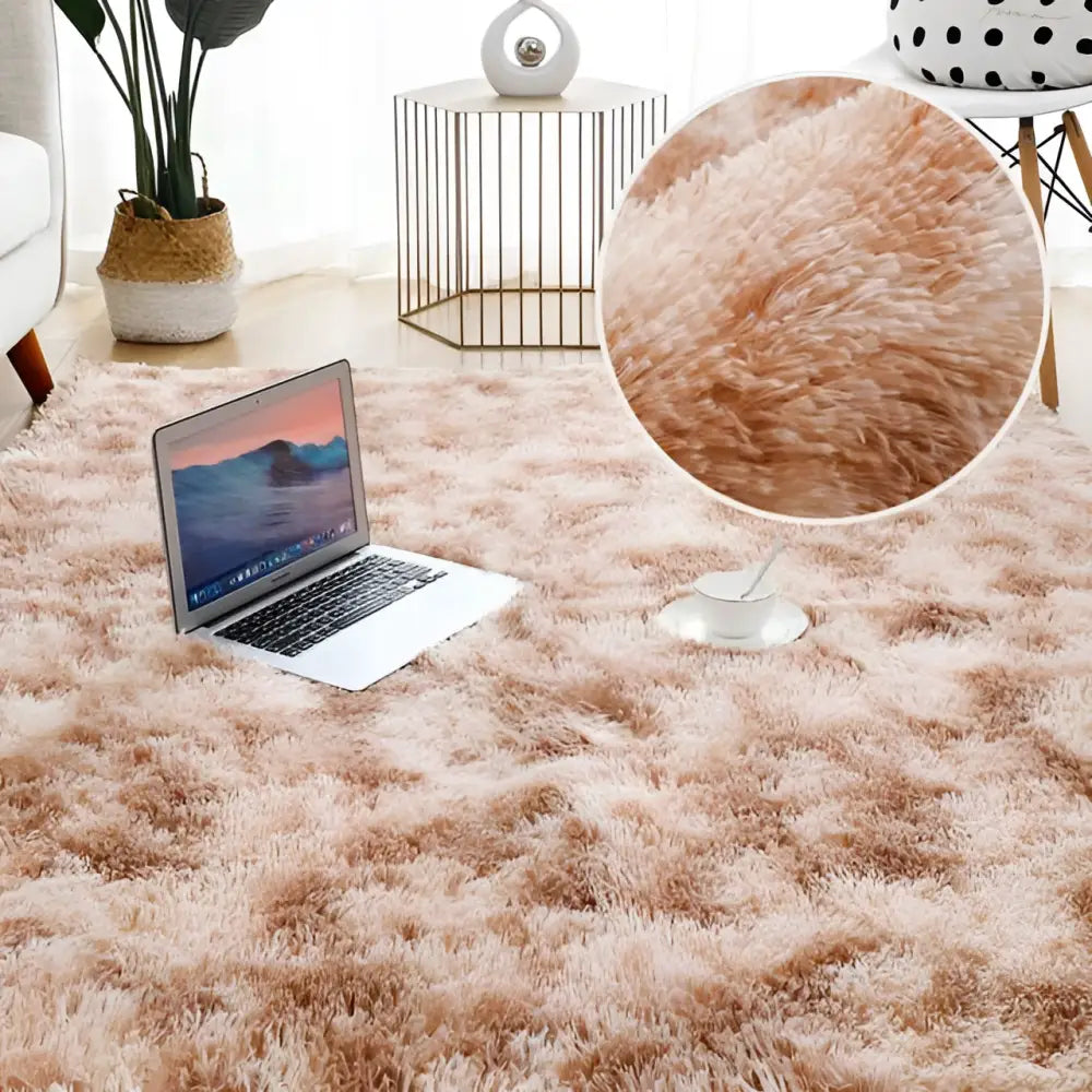 Gray shaggy living room plush rug with soft fluffy texture in a peach and beige gradient and long fibers