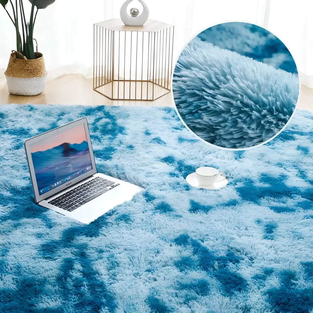 Gray shaggy living room plush rug with soft fluffy texture and gradient blue color for room plush rug use