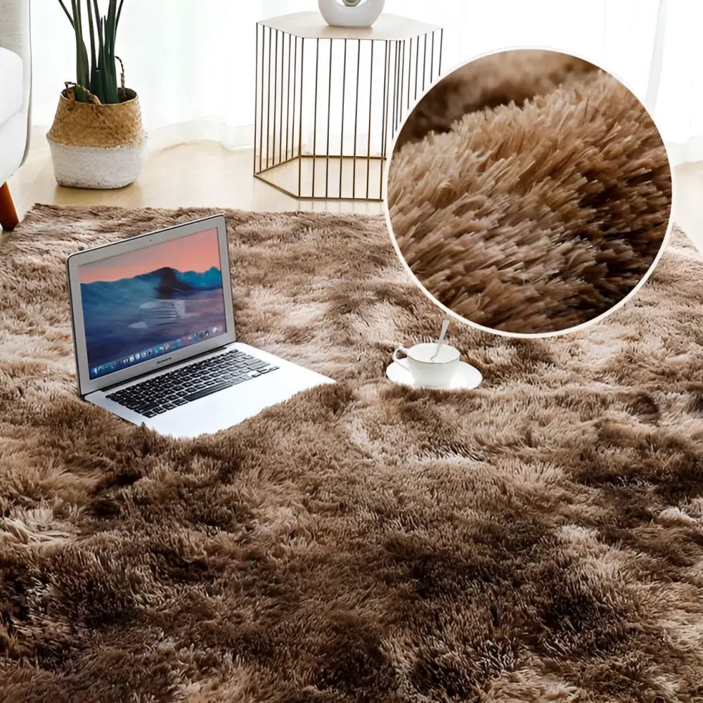 A brown shaggy living room plush rug with soft fluffy texture and long fibers for cozy room decor