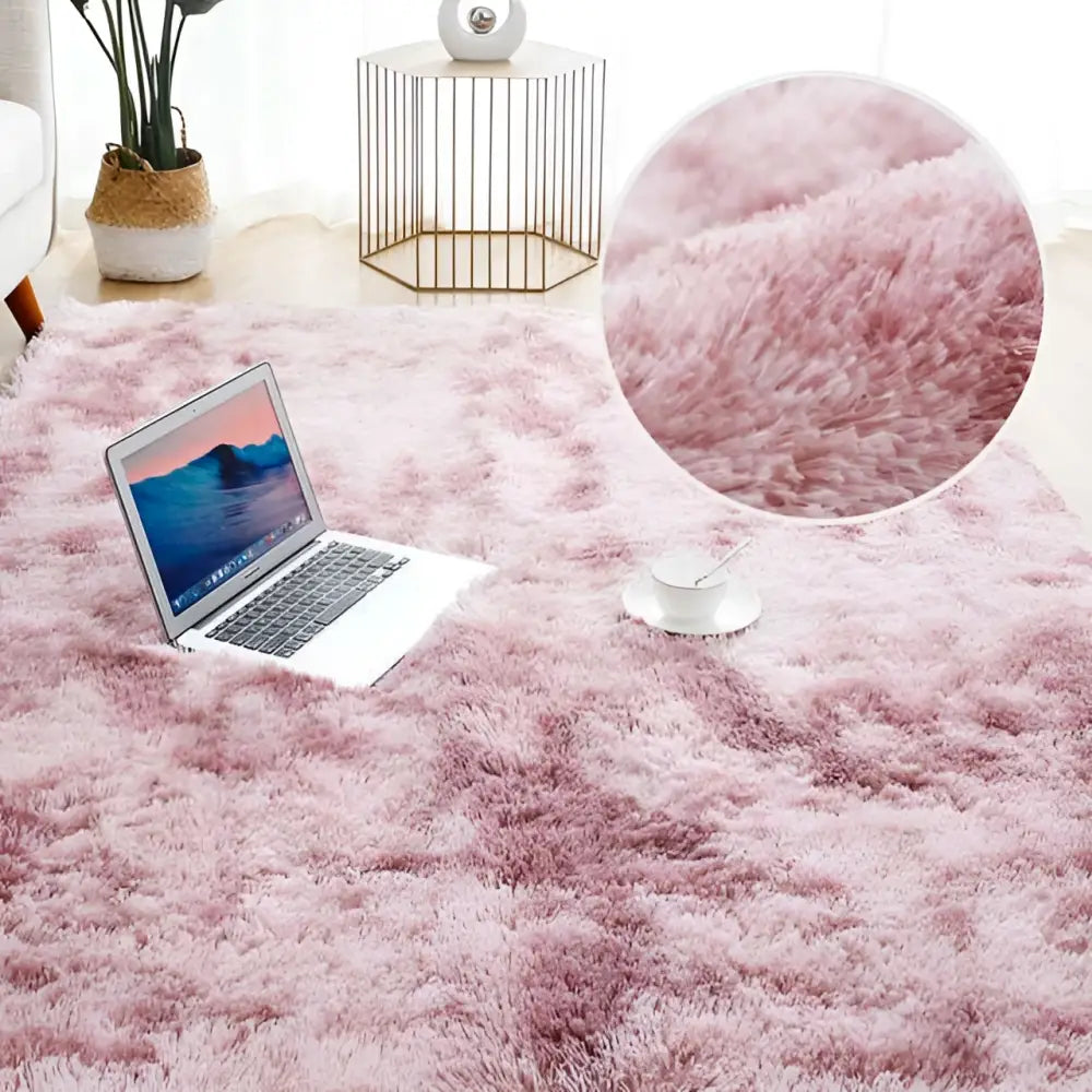 Gray shaggy living room plush rug with soft fluffy texture and subtle gradient shading in pink tones