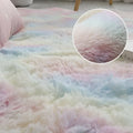 Gray shaggy living room plush rug with soft fluffy texture and pastel rainbow gradient for a cozy room plush rug