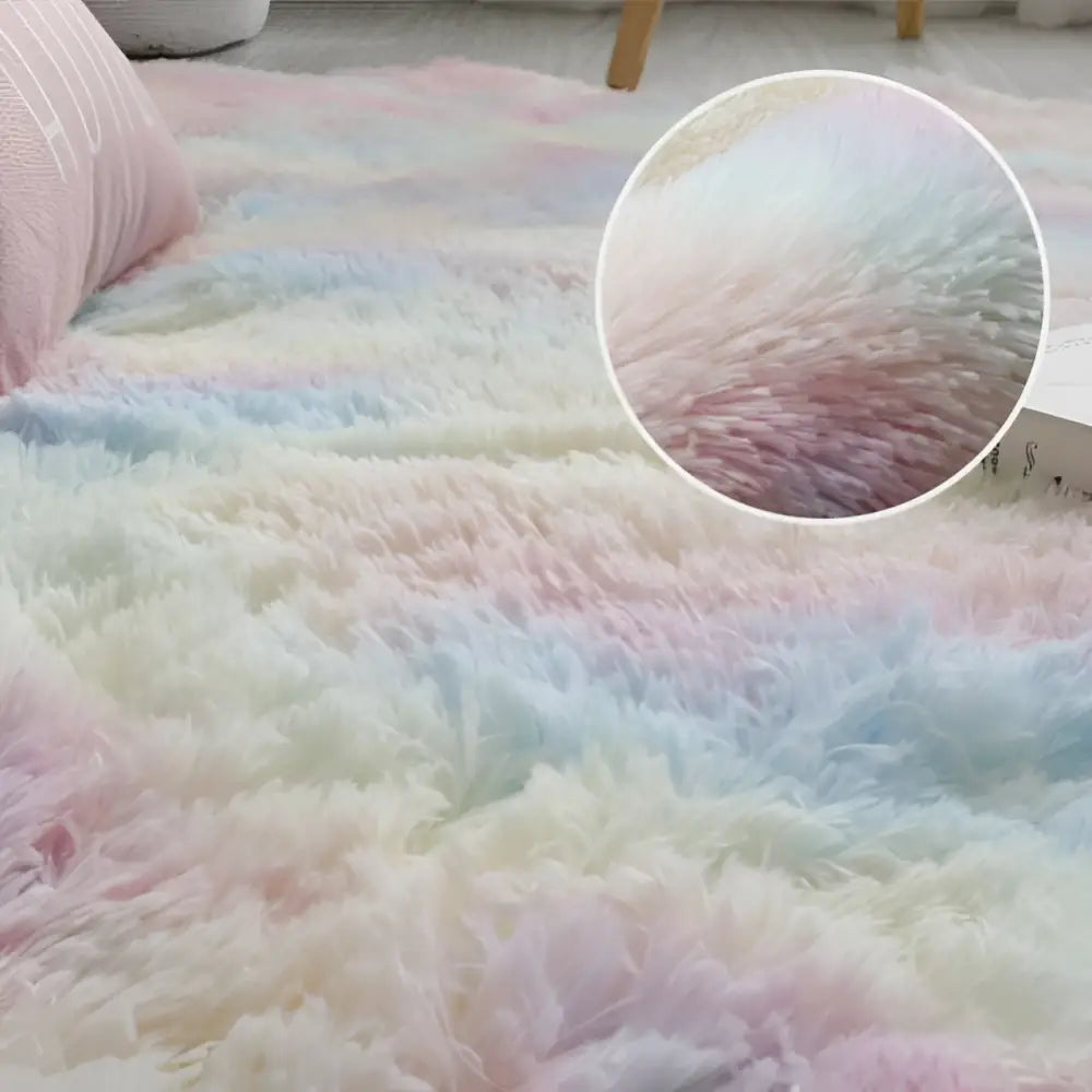 Gray shaggy living room plush rug with soft fluffy texture and pastel rainbow gradient for a cozy room plush rug