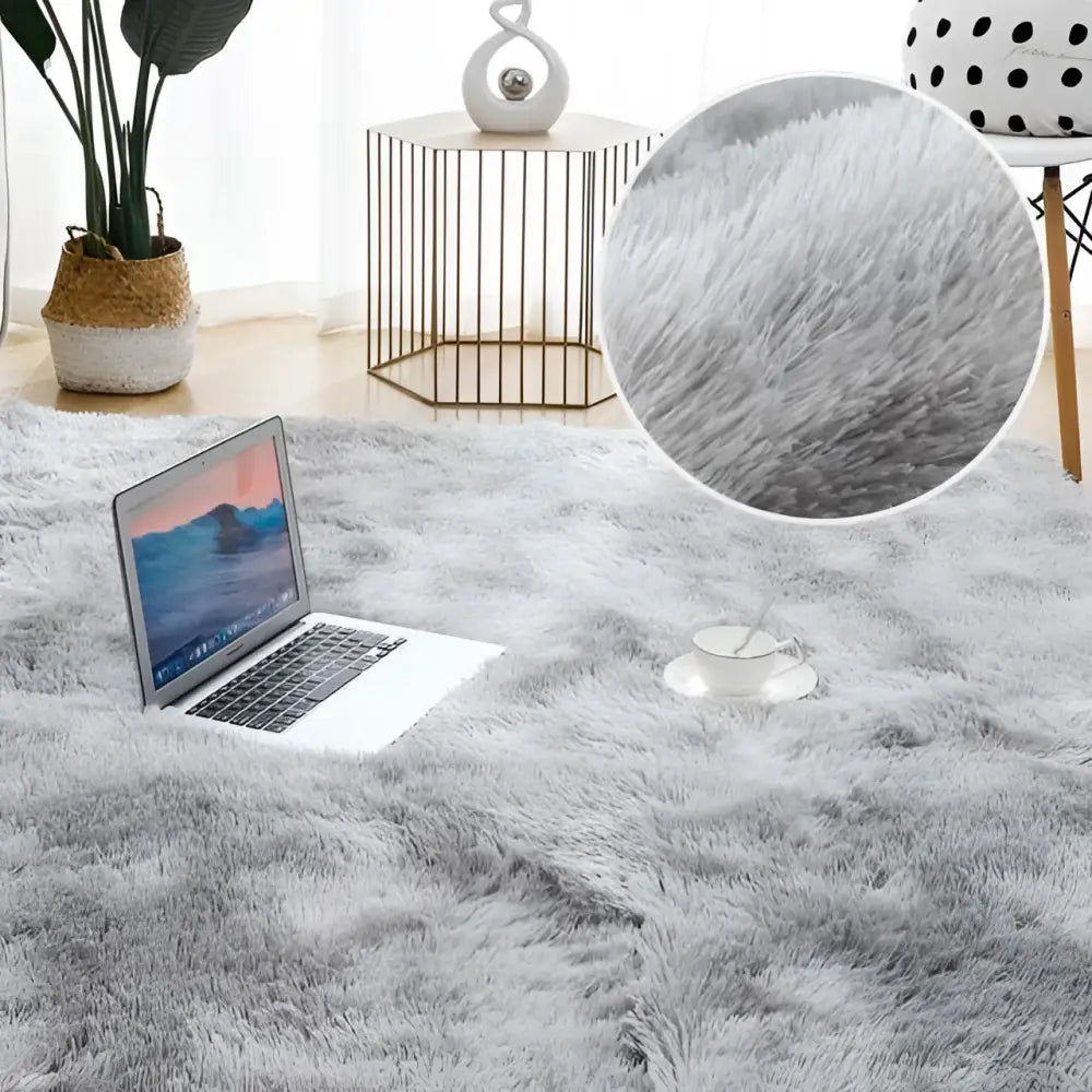 Gray shaggy living room plush rug with a soft fluffy texture and plush gray area for cozy room decor