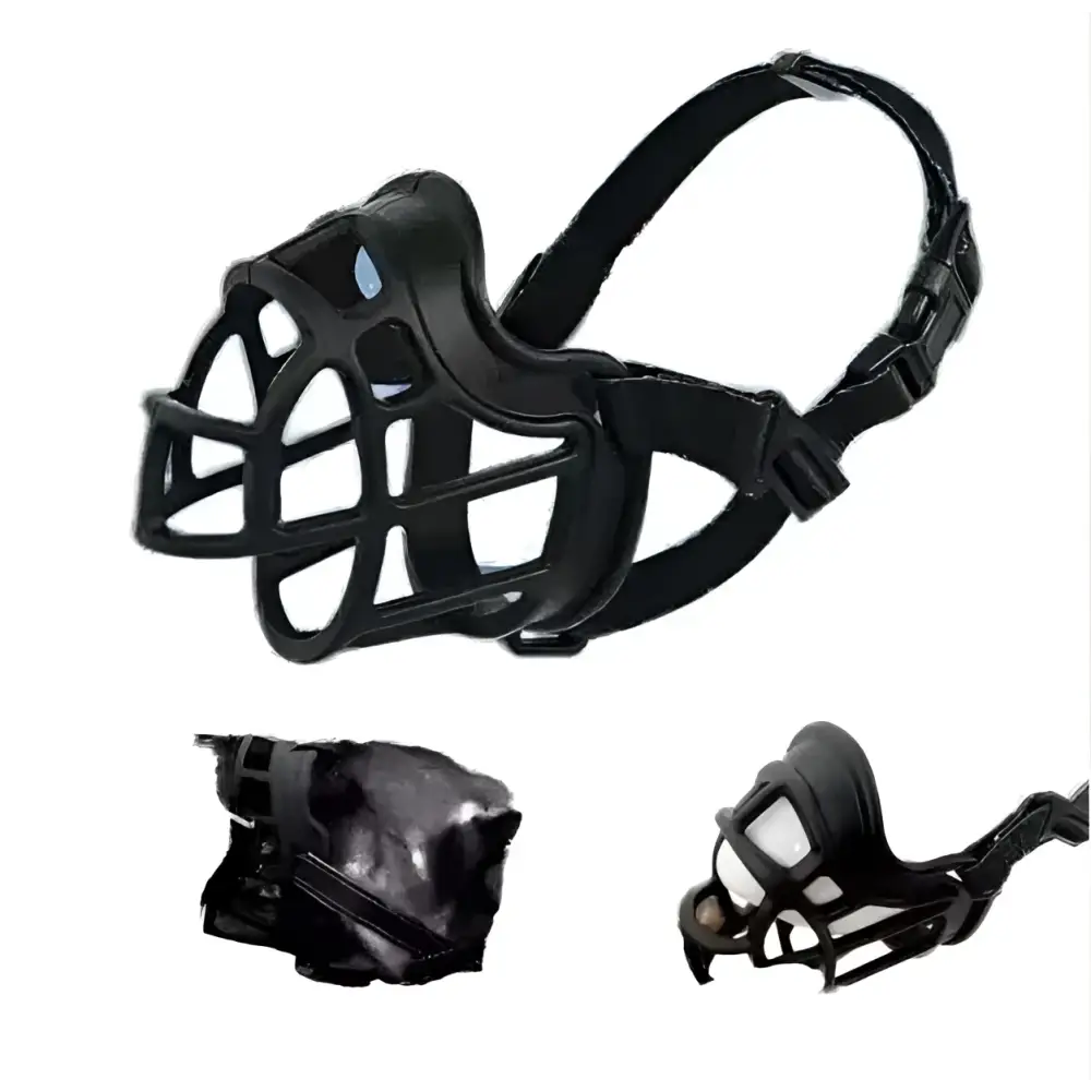 Black silicone dog muzzle with adjustable straps and grid design for vet visits and gray silicone dog protection