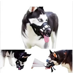 Black plastic mesh dog muzzle with adjustable straps for vet visits as a gray silicone dog muzzle alternative