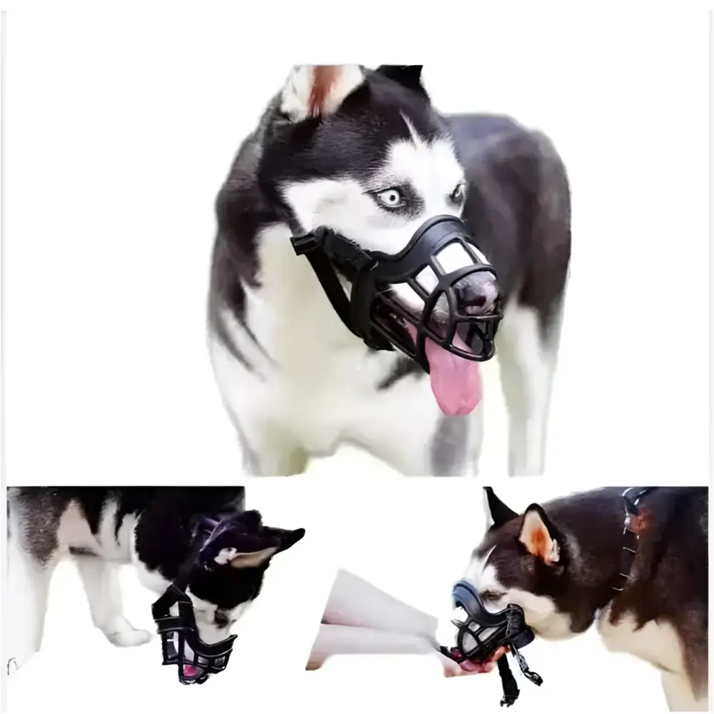 Black plastic mesh dog muzzle with adjustable straps for vet visits as a gray silicone dog muzzle alternative
