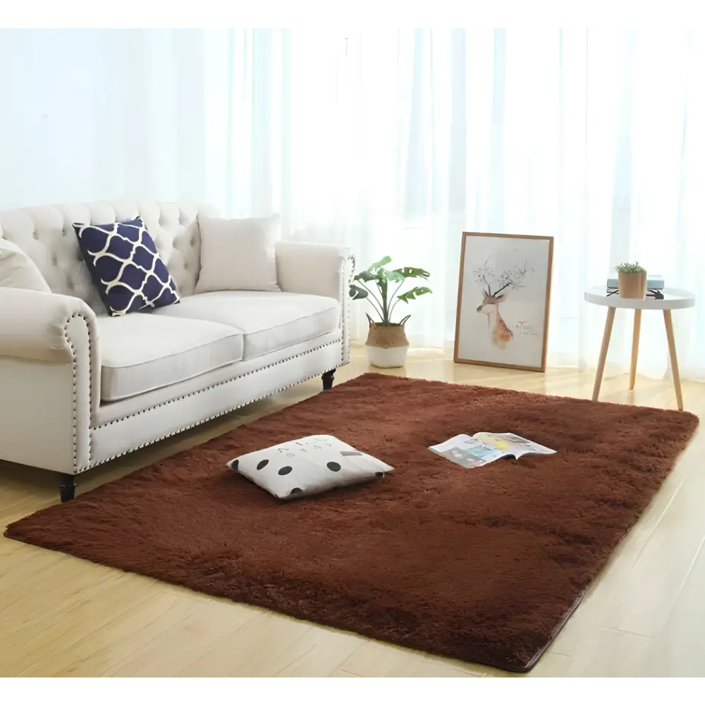 A plush rich brown silky fluffy carpet modern home decor shaggy rug with a soft rectangular texture
