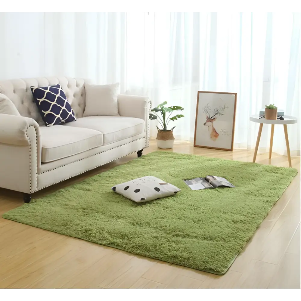 A vibrant green shaggy rug with soft fluffy texture and raised edges for carpet modern home decor use