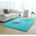 Vibrant turquoise silky fluffy carpet with plush soft texture and slightly raised pile for carpet modern home decor