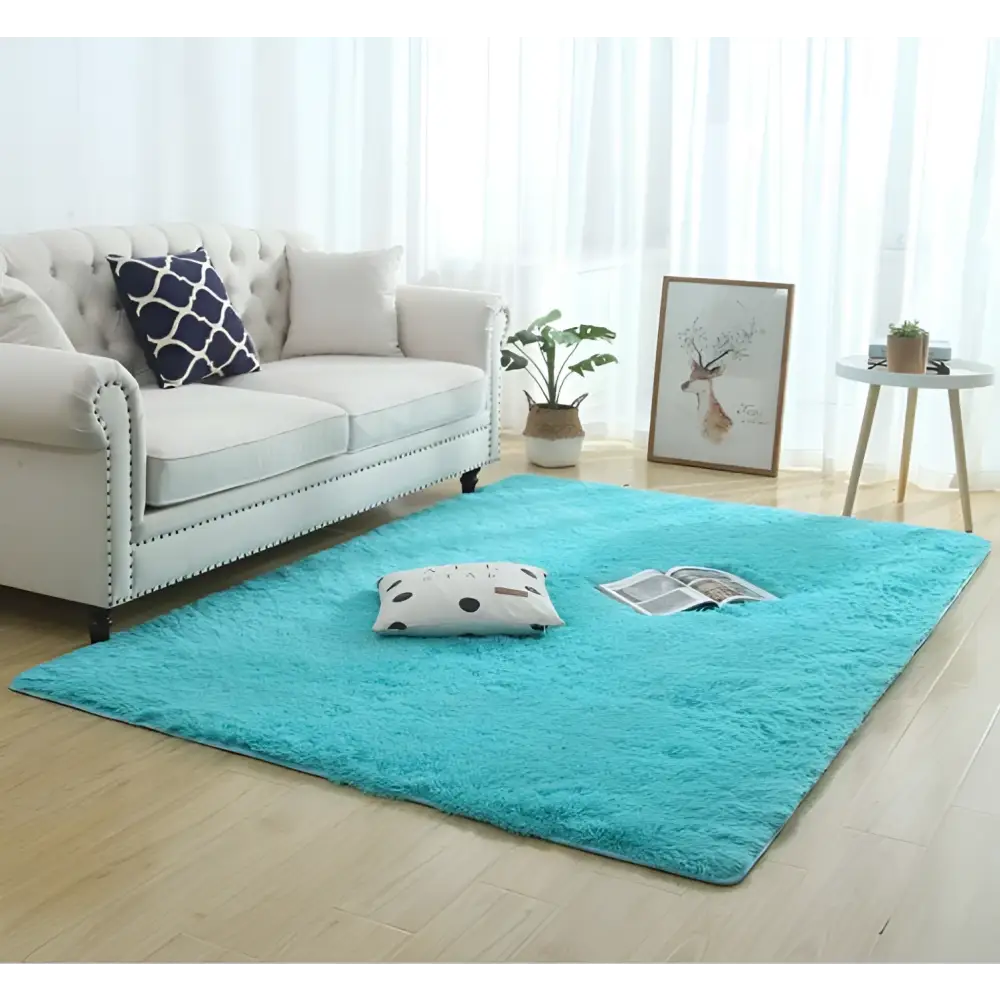 Vibrant turquoise silky fluffy carpet with plush soft texture and slightly raised pile for carpet modern home decor
