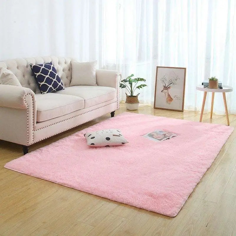 Soft pink plush rectangular silky fluffy carpet modern home decor shaggy rug for living room or bedroom use