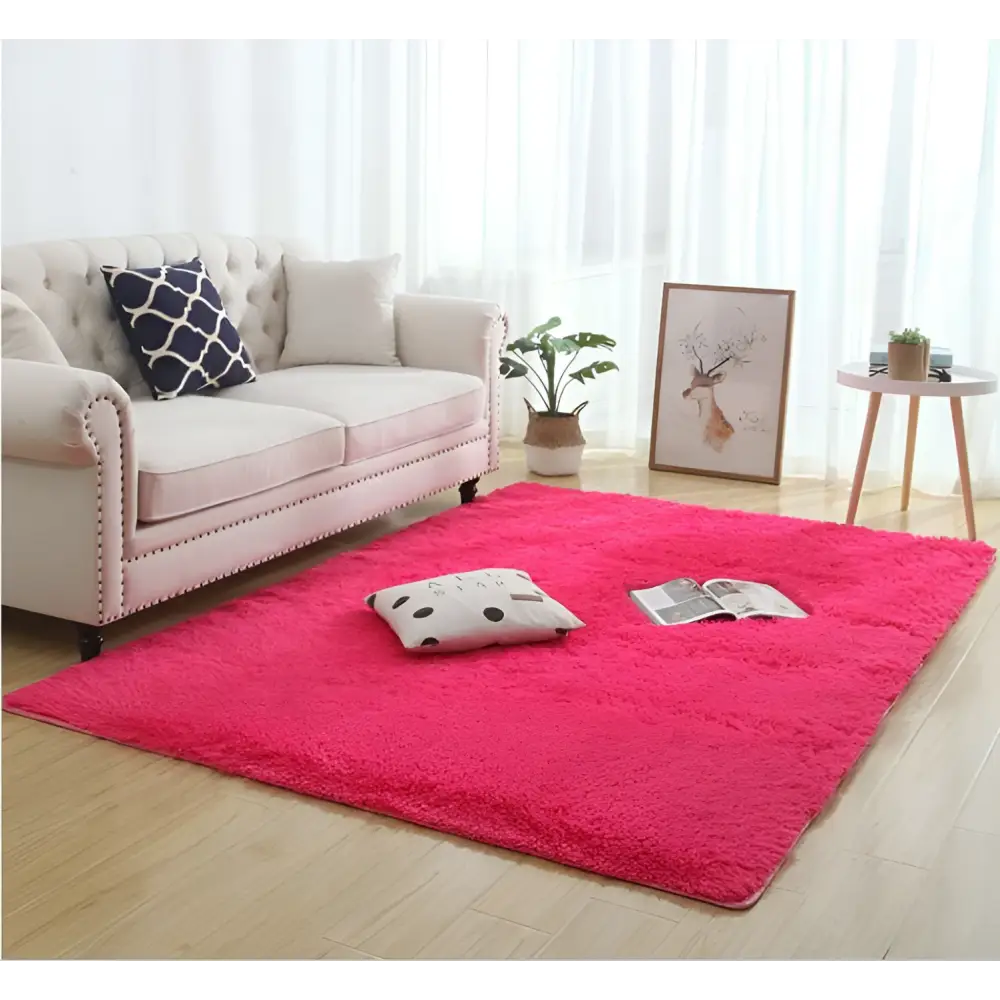Vibrant pink plush rectangular silky fluffy carpet modern home decor shaggy rug for stylish indoor flooring