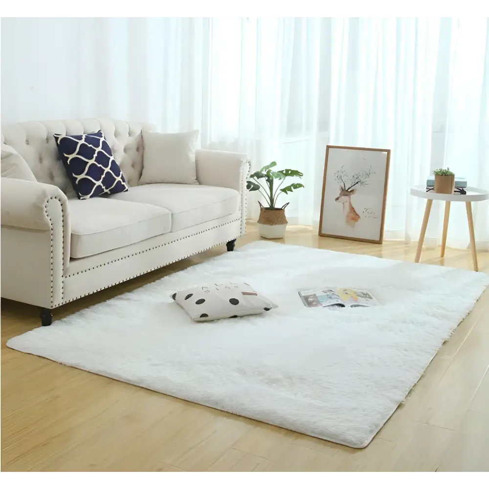 White fluffy rectangular silky fluffy carpet with soft plush texture for carpet modern home decor use